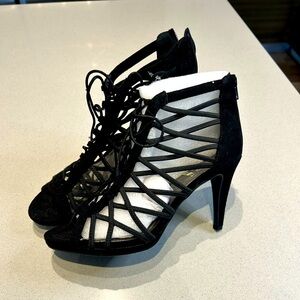 IMPO stretch heels, 4 inch, black tie strap, back zipper